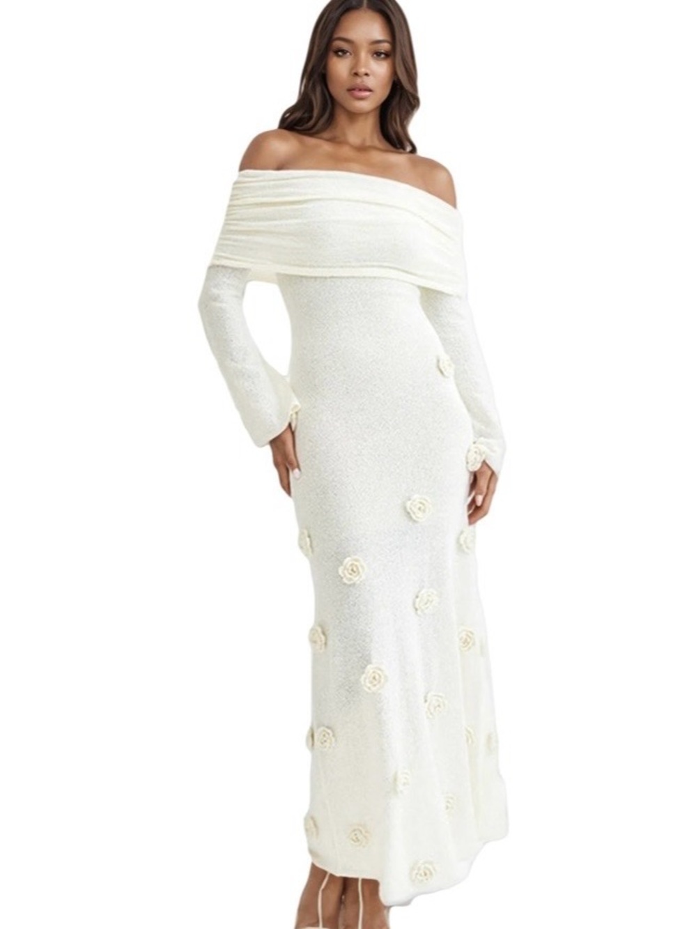 Off-Shoulder Ivory Floral Appliqué Evening Dress